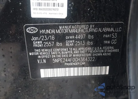2016 Hyundai Sonata Se from USA, damaged, VIN 5NPE24AF0GH384322